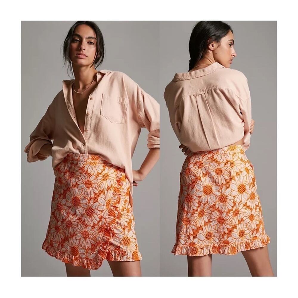 Anthropologie Orange & White Daisy Ruffled Mini Skirt